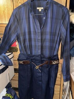 Burberry Navy and Blue Plaid Jumpsuit with Braided Belt